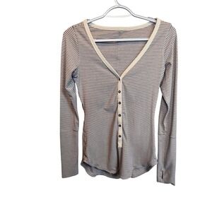 Lululemon Henley Top Womens XS Grey White Striped Long Sleeve Thumbholes